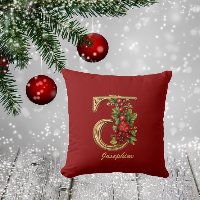 Coussin Monogramme personnalisé J Noël Rouge Or (Créateur téléchargé)