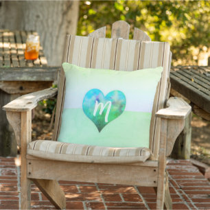 Coussin Monogramme personnalisé Moderne Cœur Bleu Vert Gru