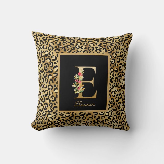 Coussin Monogramme personnalisé moderne Leopard E initial (Recto)
