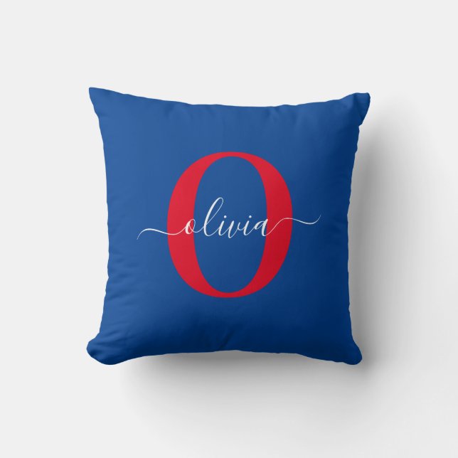 Coussin Monogramme personnalisé Nom du script Bleu Blanc R (Recto)