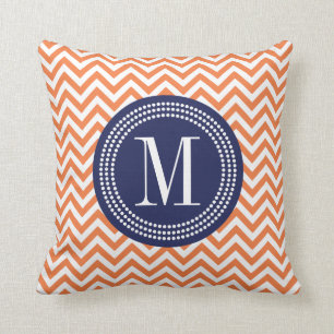 Coussin Monogramme personnalisé par zigzag orange de