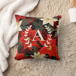 Coussin Monogramme personnalisé Poinsettia Noël Floral