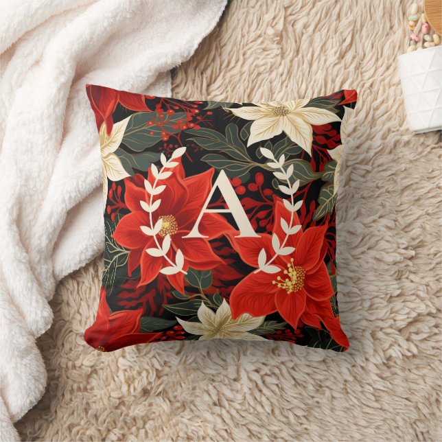 Coussin Monogramme personnalisé Poinsettia Noël Floral (Couverture)