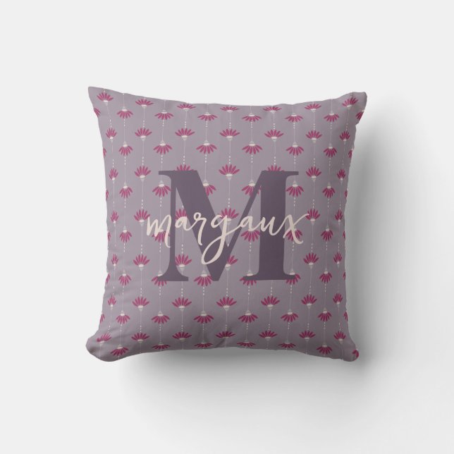 Coussin Monogramme personnalisé réversible Lilac Boho Flor (Recto)