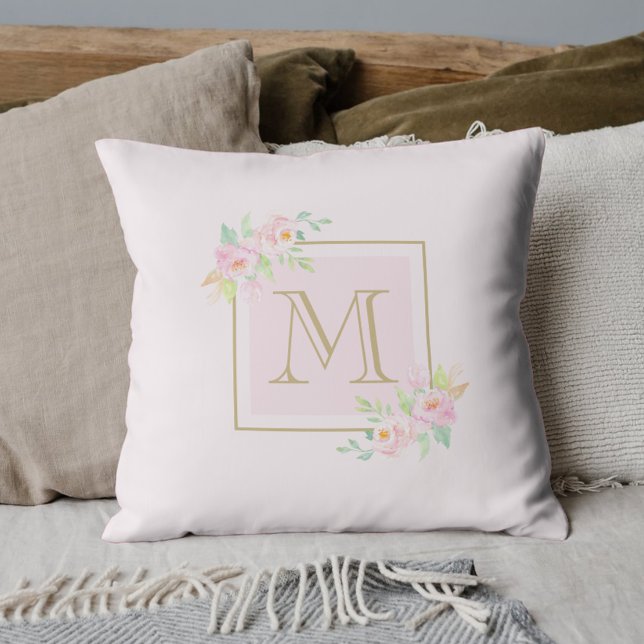 Coussin Monogramme personnalisé rose Peony (Créateur téléchargé)
