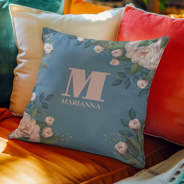 Coussin Monogramme personnalisé Rose rose rose florale (Pink floral monogram throw pillow)