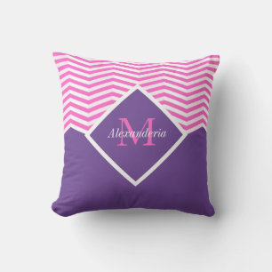 Coussin Monogramme Personnalisé Rose Violet Blanc Chevron
