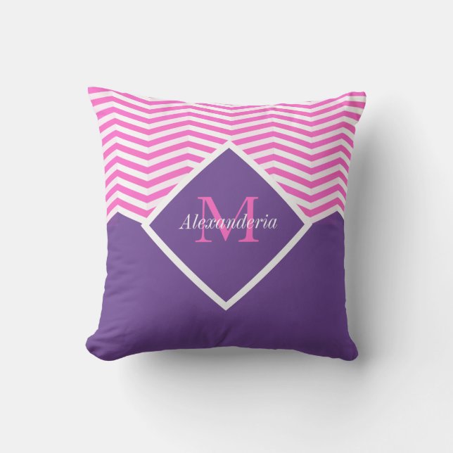 Coussin Monogramme Personnalisé Rose Violet Blanc Chevron  (Recto)