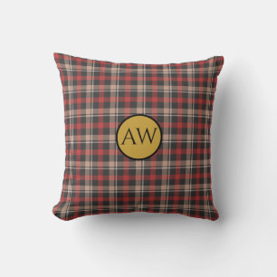 Coussin Monogramme personnalisé Tartan Rouge Noir et Crème