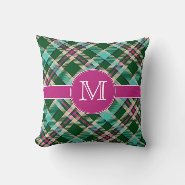 Coussin Monogramme personnalisé turquoise et rose (Recto)