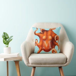 Coussin Monogramme personnalisé Vintage Octopus illustrati