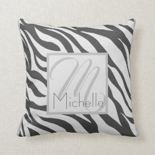 Coussin Monogramme personnalisé Zèbre blanc et gris foncé