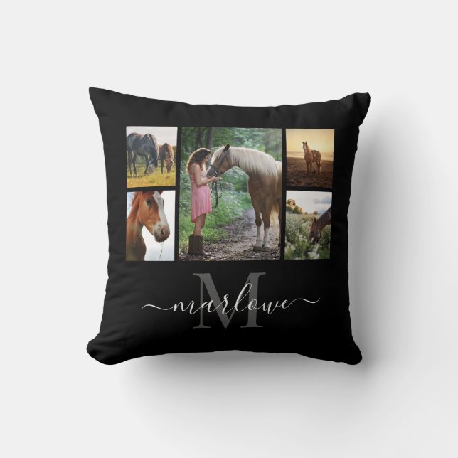 Coussin Monogramme Photo Collage Cheval noir Nom de la fil (Recto)