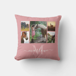 Coussin Monogramme Photo Collage de Cheval Rose Bleu Fille