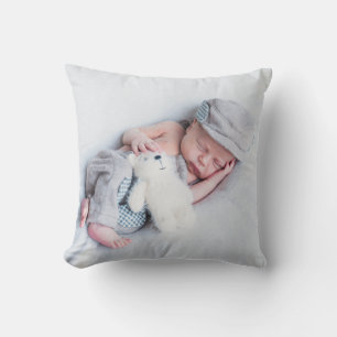 Coussin Monogramme photo de bébé garçon bleu moderne