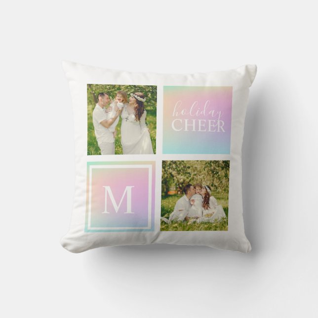 Coussin Monogramme Photo Noël Fête Cheval Iridescente (Recto)