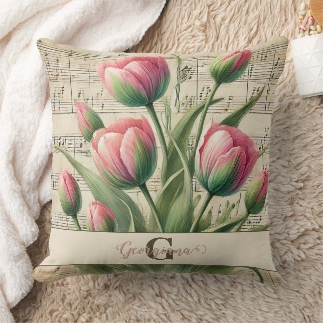 Coussin Monogramme Pink & Green Vintage Tulips Partition M (Couverture)