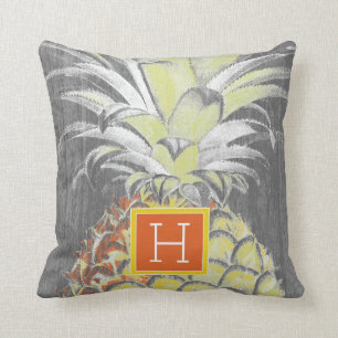 Coussin Monogramme   Pinneapple jaune tropical sur le gris