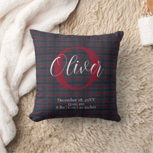 Coussin Monogramme Plaid Tartan Statistiques de Naissance 