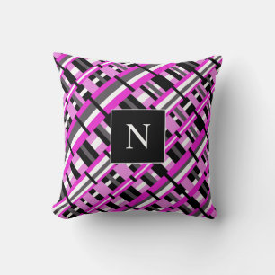 Coussin Monogramme plaqué en diagonale rose, noire et gris