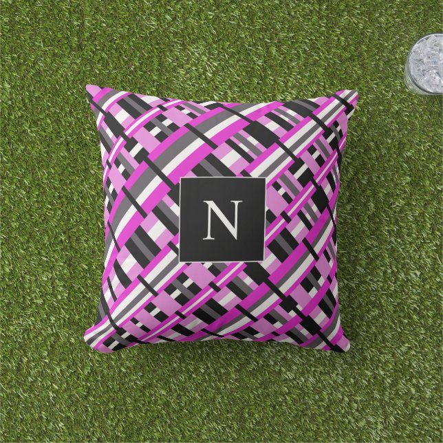 Coussin Monogramme plaqué en diagonale rose, noire et gris (Herbe)