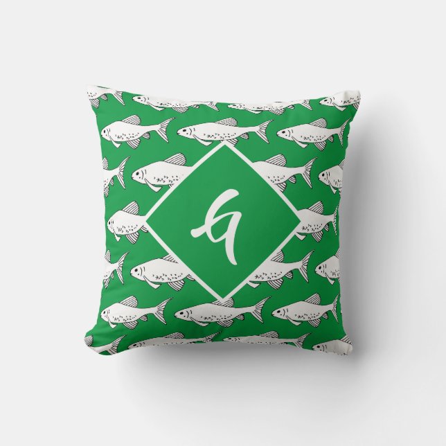 Coussin Monogramme Poisson de méné vert artistique (Recto)