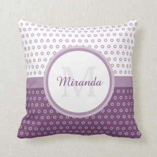 Coussin Monogramme pourpre et blanc de mod de pois avec le