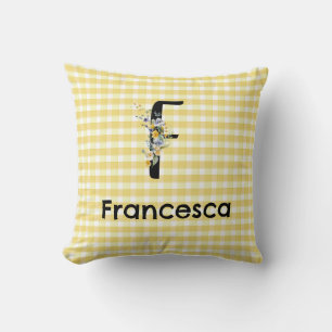 Coussin Monogramme première fleur d'aquarelle en vichy mot