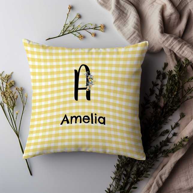 Coussin Monogramme première fleur d'aquarelle en vichy mot (Créateur téléchargé)