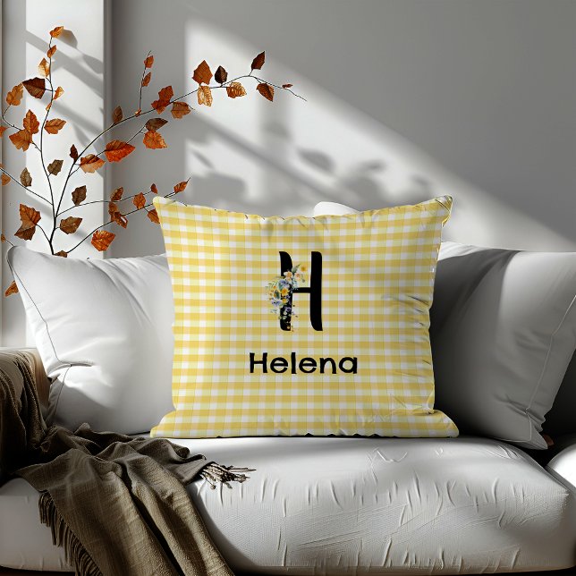 Coussin Monogramme première fleur d'aquarelle en vichy mot (Créateur téléchargé)