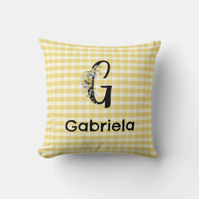 Coussin Monogramme première fleur d'aquarelle en vichy mot (Recto)