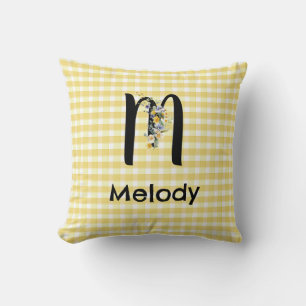 Coussin Monogramme première fleur d'aquarelle en vichy mot