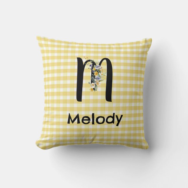 Coussin Monogramme première fleur d'aquarelle en vichy mot (Recto)