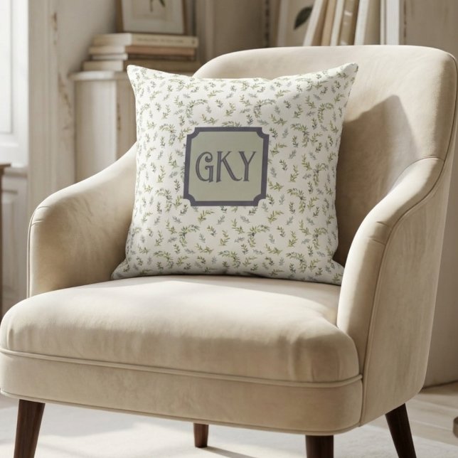 Coussin Monogramme Provincial Français Sage Olives Aquarel (Créateur téléchargé)
