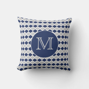 Coussin Monogramme quatrefeuille bleu marine et gris