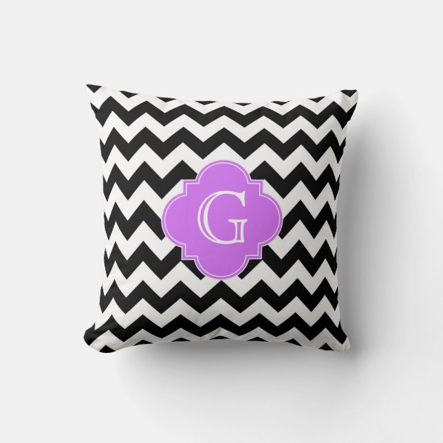 Coussin Monogramme Quatrefoil noir blanc Chevron Lilac (Recto)