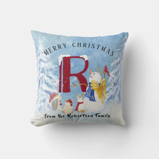 Coussin Monogramme R Snowman Angel Hedgehog Rabbits (Recto)