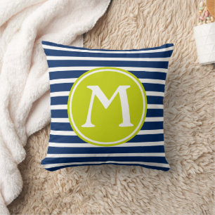 Coussin Monogramme rayé bleu marine et vert citron