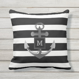 Coussin Monogramme rayé d'Ancre nautique noire et blanche