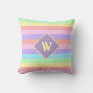 Coussin Monogramme rayé pastel arc-en-ciel Fairy Kei