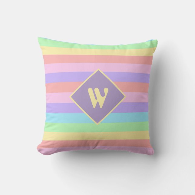 Coussin Monogramme rayé pastel arc-en-ciel Fairy Kei (Recto)
