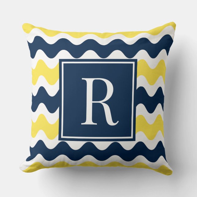 Coussin Monogramme rayé ric rac jaune et marine prépa  (Recto)