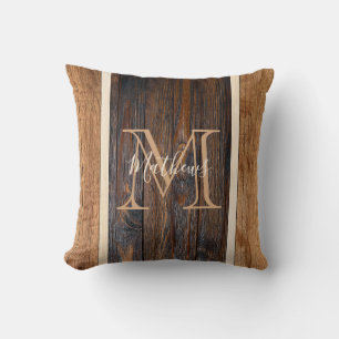 Coussin Monogramme Rayure Tons de Bois Rustique