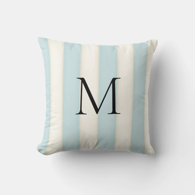 Coussin Monogramme Rayures Bleu Pâle & Blanc Antique (Recto)
