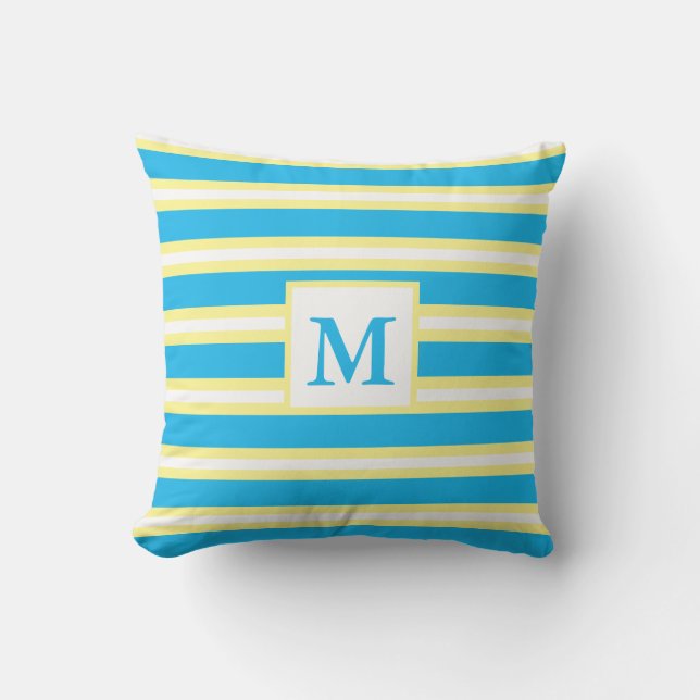 Coussin Monogramme Rayures Bleu Turquoise (Recto)