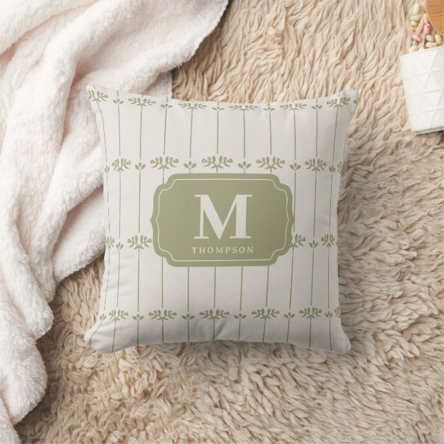 Coussin Monogramme rayures botaniques victoriennes vintage (Couverture)