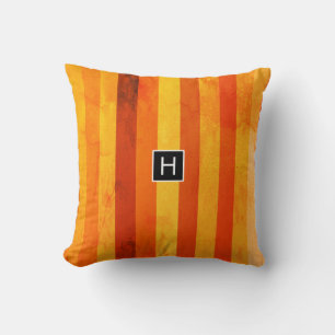Coussin Monogramme rayures orange rouge altéré chaud