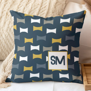 Coussin Monogramme Rétro Mid Century Geometry Navy Mustard