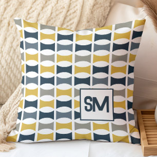 Coussin Monogramme Rétro Milieu de Siècle Géométrique Bleu
