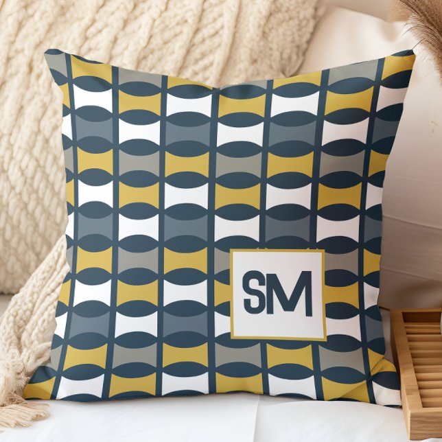 Coussin Monogramme Rétro Milieu de Siècle Géométrique Bleu (Créateur téléchargé)